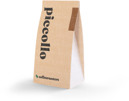 Coffee Roasters brown and white bag labeled Piccollo